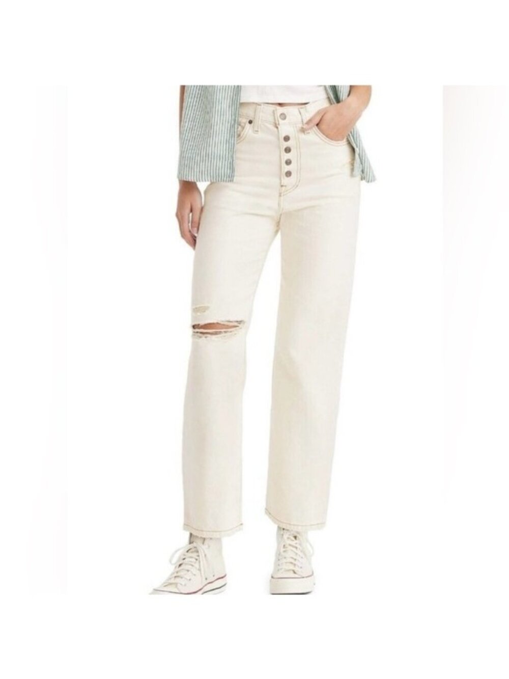 Levi’s Ribcage Straight Ankle Jeans Size 31 Ecru High Rise Button Fly Distressed